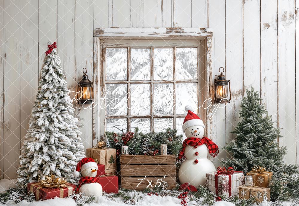 Kate Christmas Tree Snowman Window Wood Backdrop Designed by Emetselch