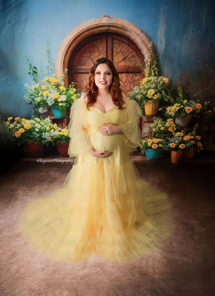 Kate Spring Yellow Flower Broken Dark Brown Arch Door Backdrop Designed by Emetselch