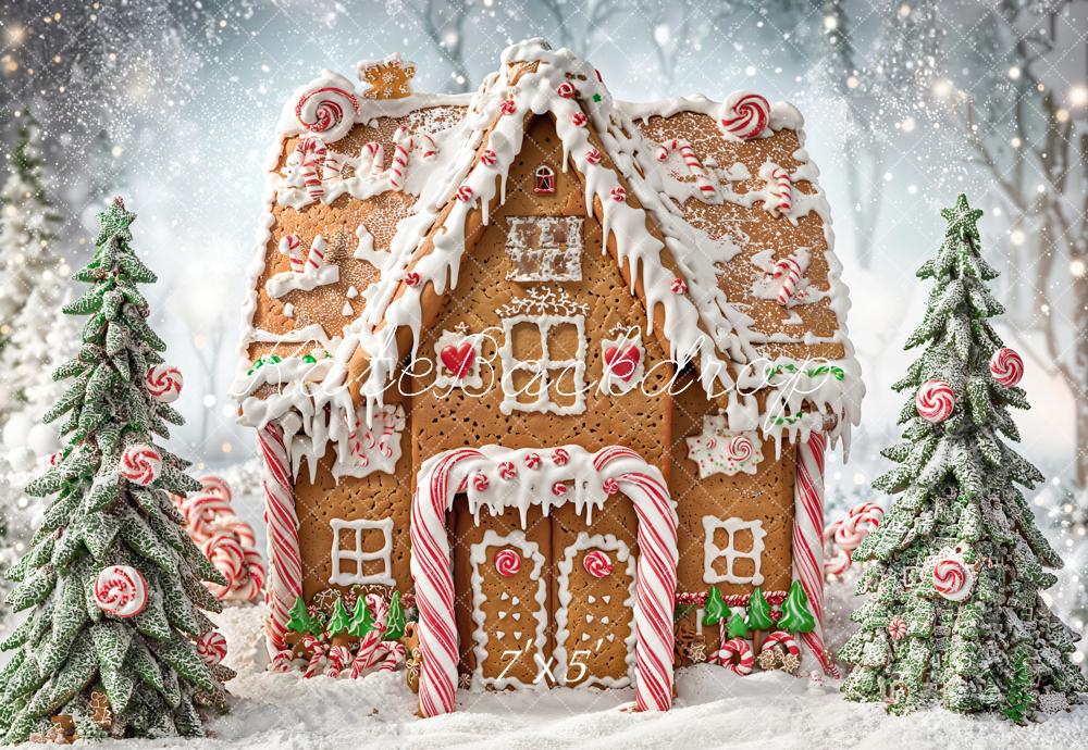 Kate Christmas Tree Gingerbread Candy House Snow Backdrop Designed by Emetselch