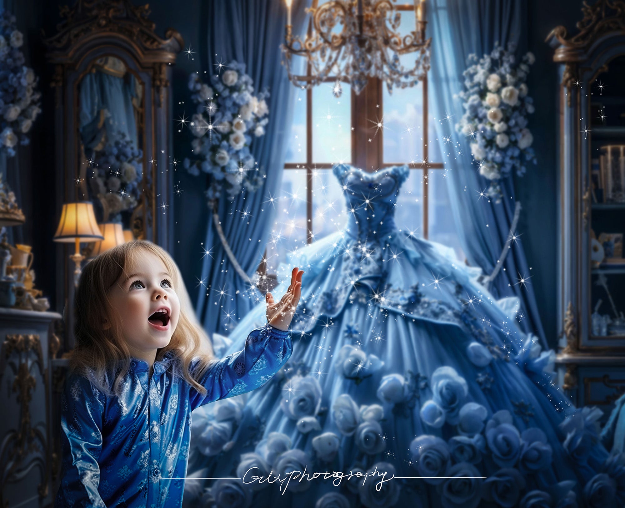 Kate Blue Princess Dress Room Backdrop Designed by Emetselch
