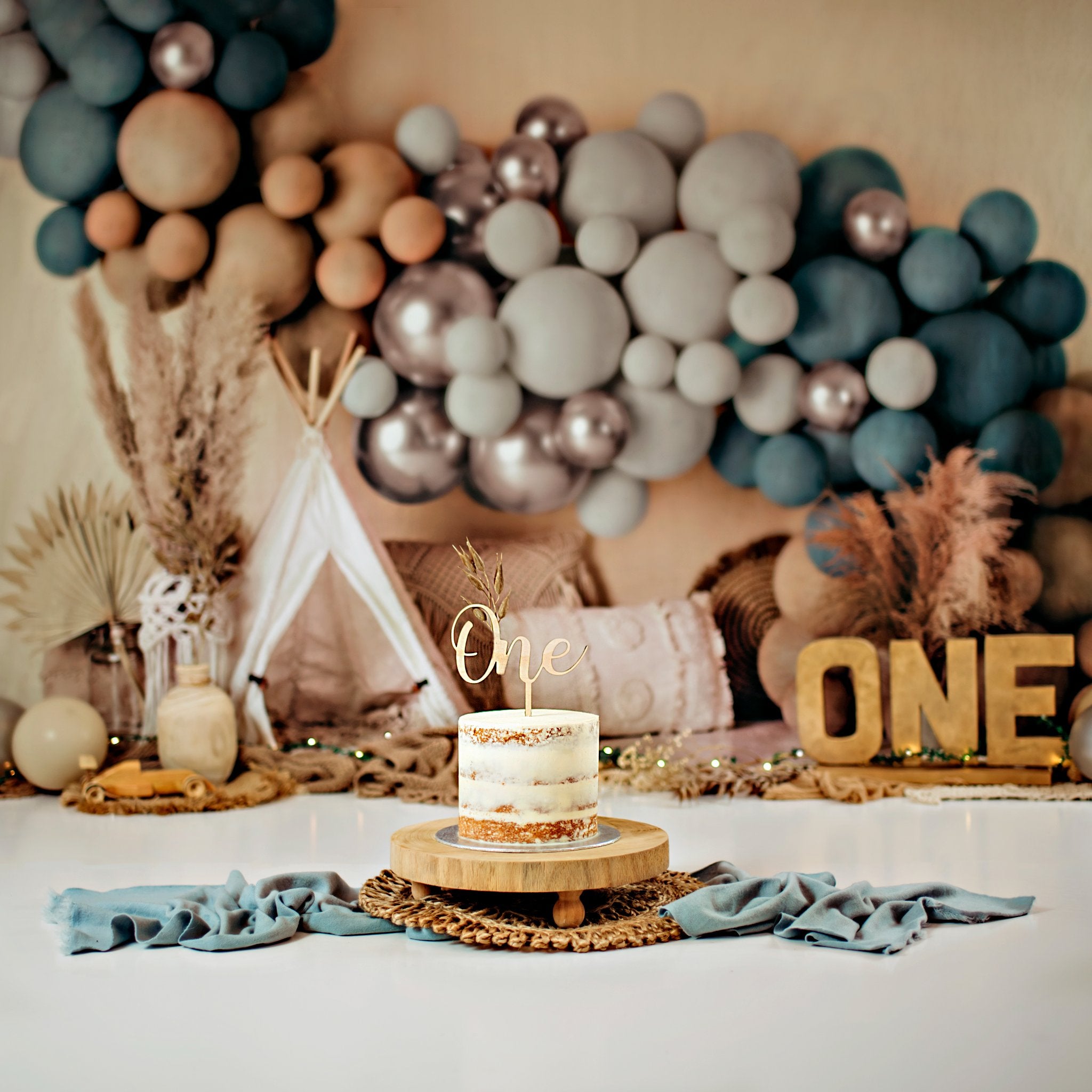 Kate Boho Balloons Tent Backdrop Matte Blue Designed by Mandy Ringe Photography