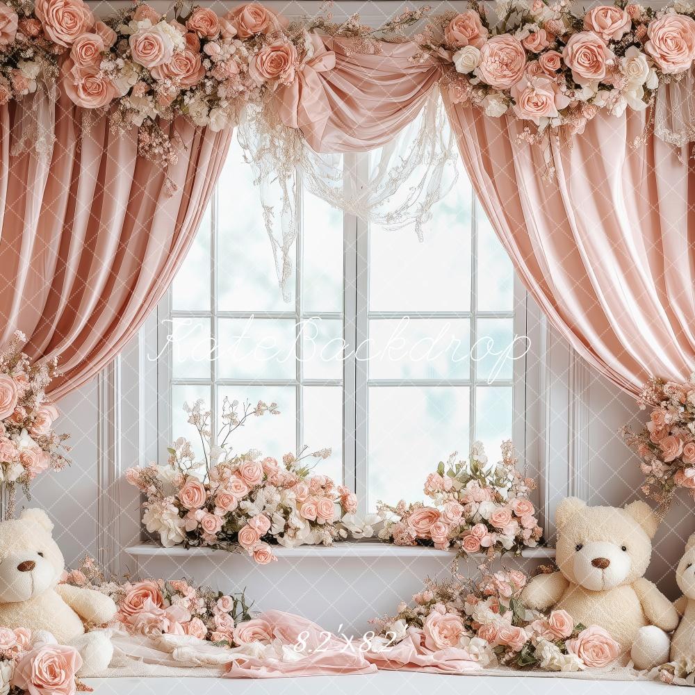 Kate Valentine‘s Day Teddy Bear Pink Floral Window Backdrop Designed by Patty Roberts