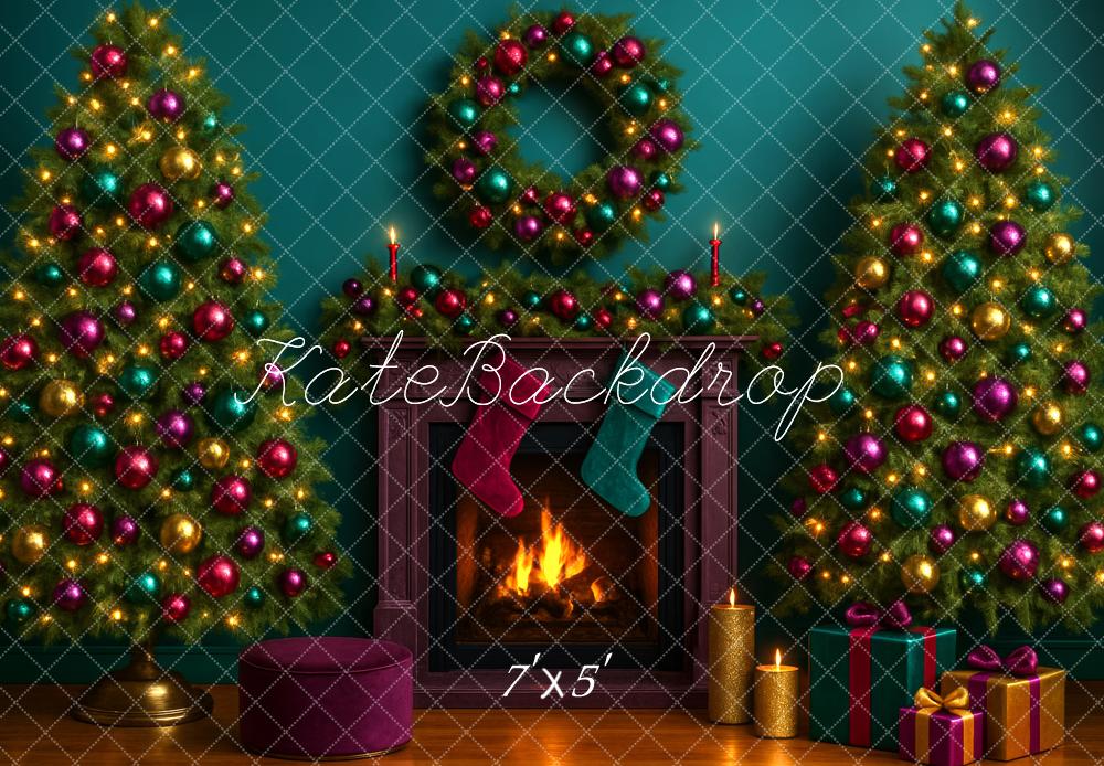 Kate Christmas Tree Fireplace Wreath Green Backdrop Designed by Megan Leigh Photography