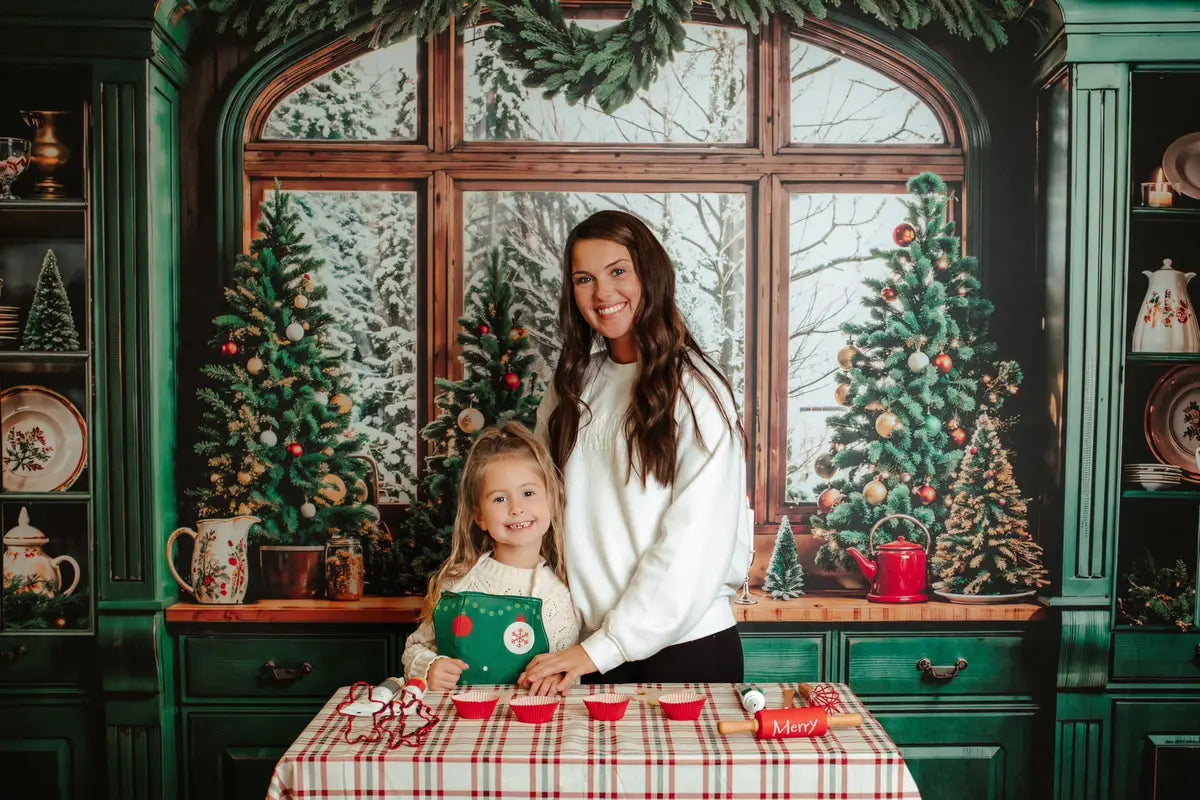 Kate Christmas Dark Green Retro Kitchen Backdrop Designed by Emetselch