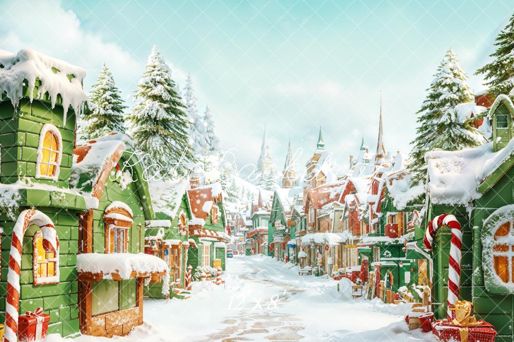 Kate Christma Village Candy Cane Snowy Backdrop Designed by Emetselch
