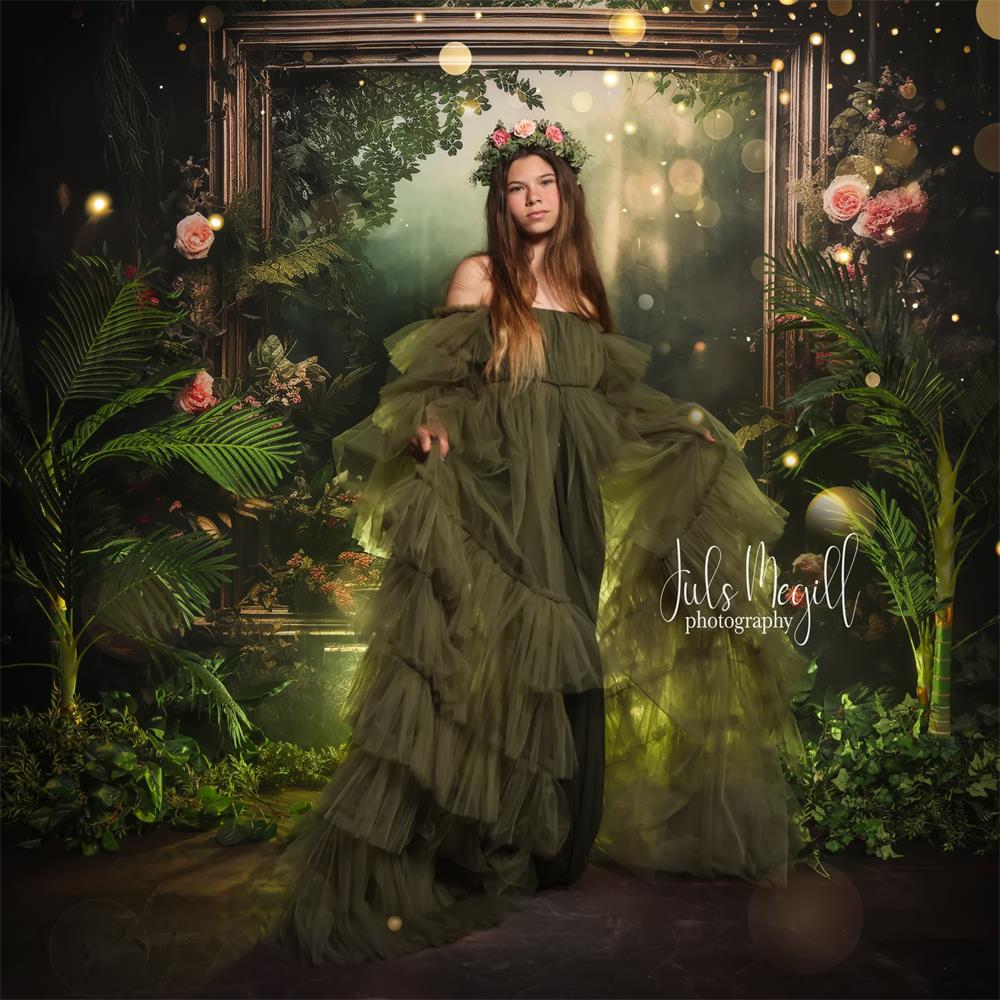 Kate Sweep Spring Green Forest Pink Rose Golden Frame Backdrop Designed by Lidia Redekopp