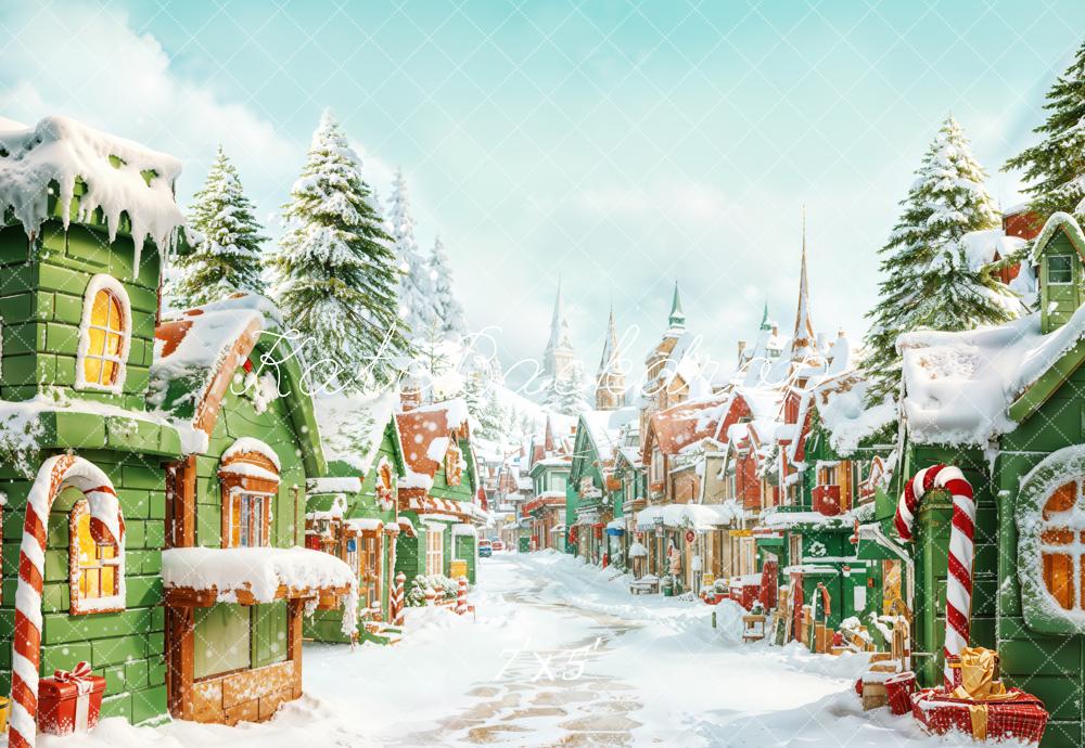 Kate Christma Village Candy Cane Snowy Backdrop Designed by Emetselch