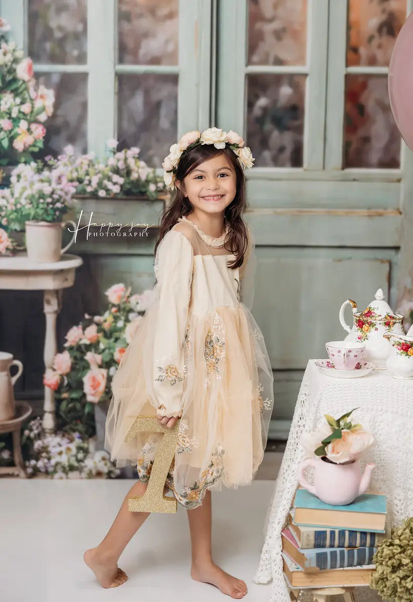 Kate Spring Flowers Green Wooden Door Backdrop Designed by Emetselch