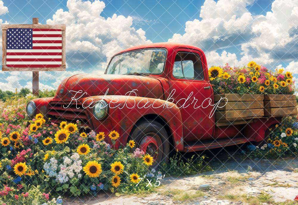 Kate Independence Day Vintage Truck Sunflower Backdrop Designed by Emetselch