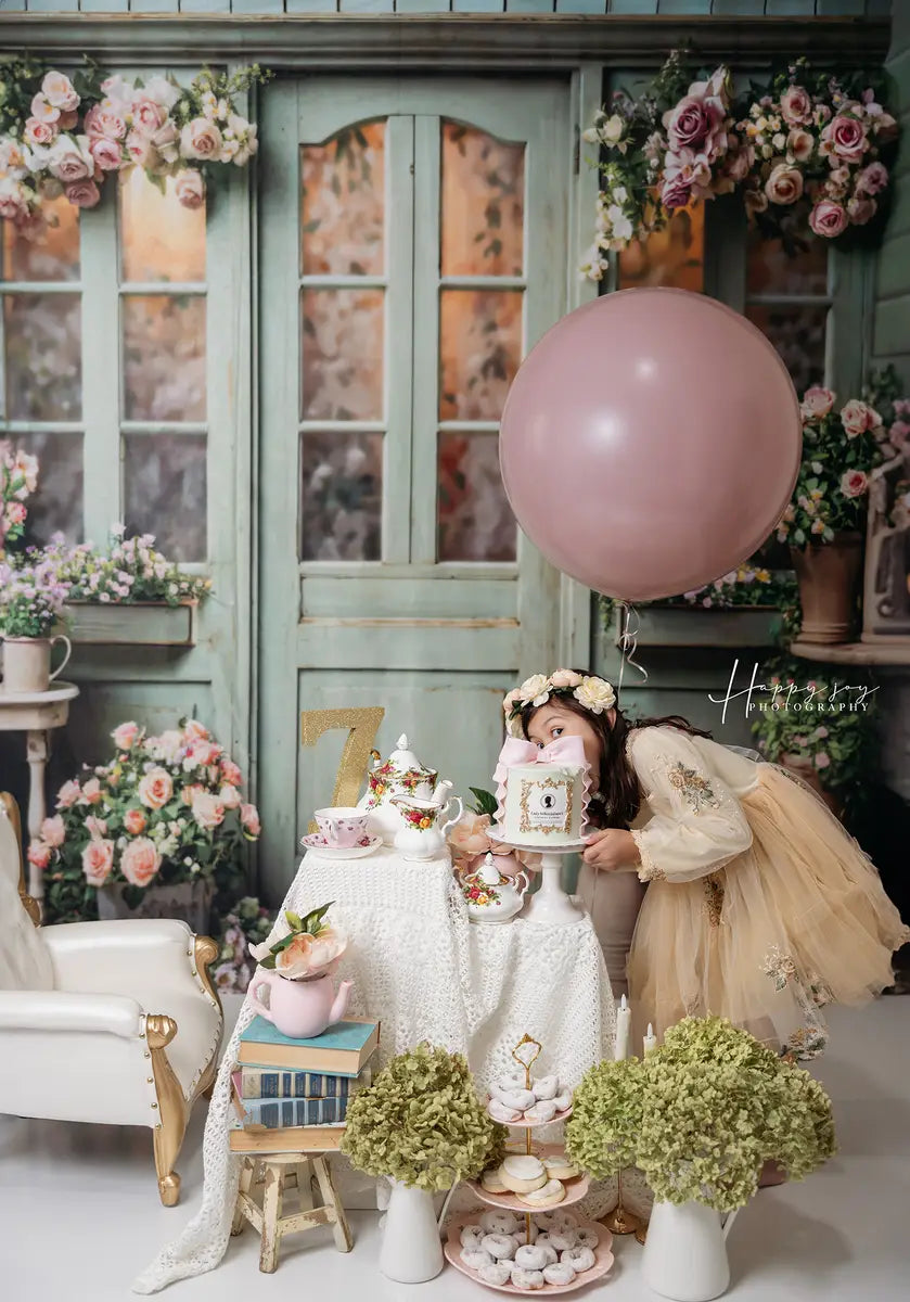 Kate Spring Flowers Green Wooden Door Backdrop Designed by Emetselch