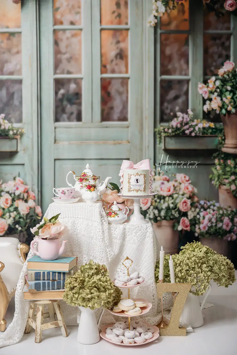 Kate Spring Flowers Green Wooden Door Backdrop Designed by Emetselch