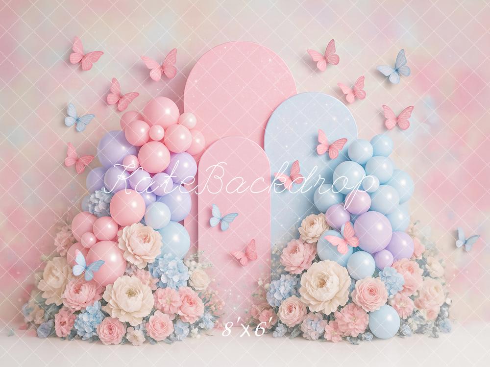 Kate Cake Smash Pastel Balloon Floral Butterfly Backdrop Designed by Ashley Paul
