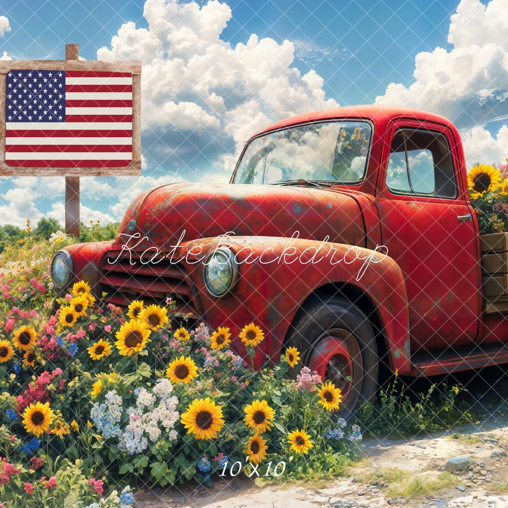Kate Independence Day Vintage Truck Sunflower Backdrop Designed by Emetselch