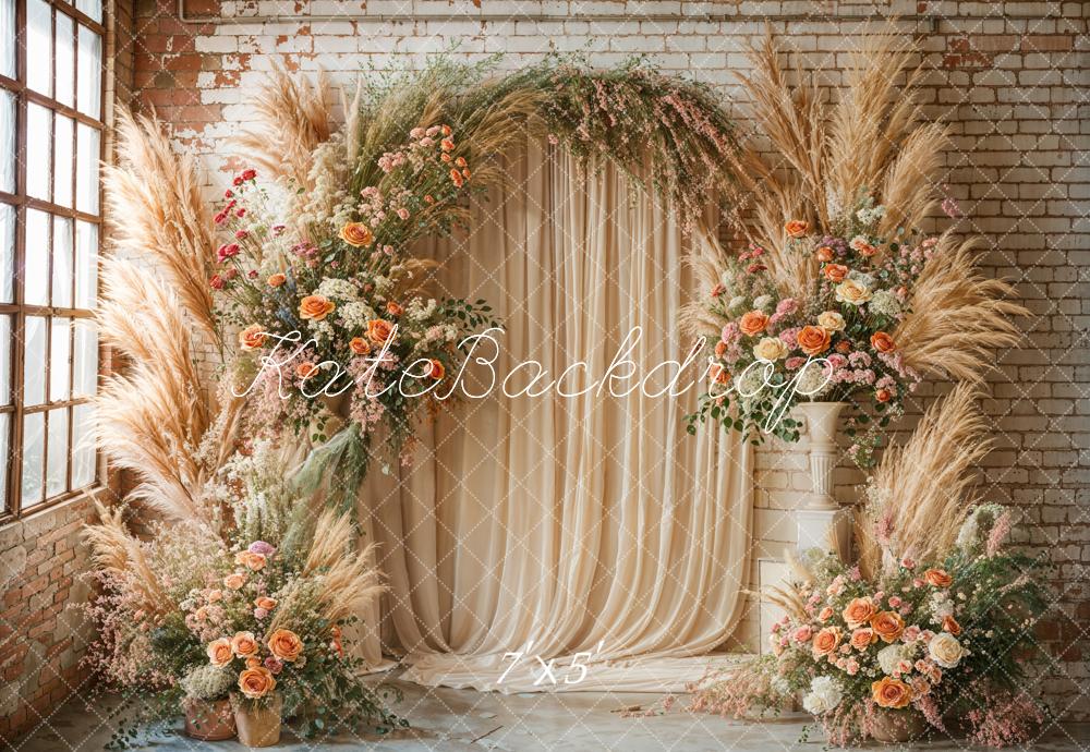 Kate Boho Pampas Grass Beige Flower Arch Window Backdrop Designed by Emetselch