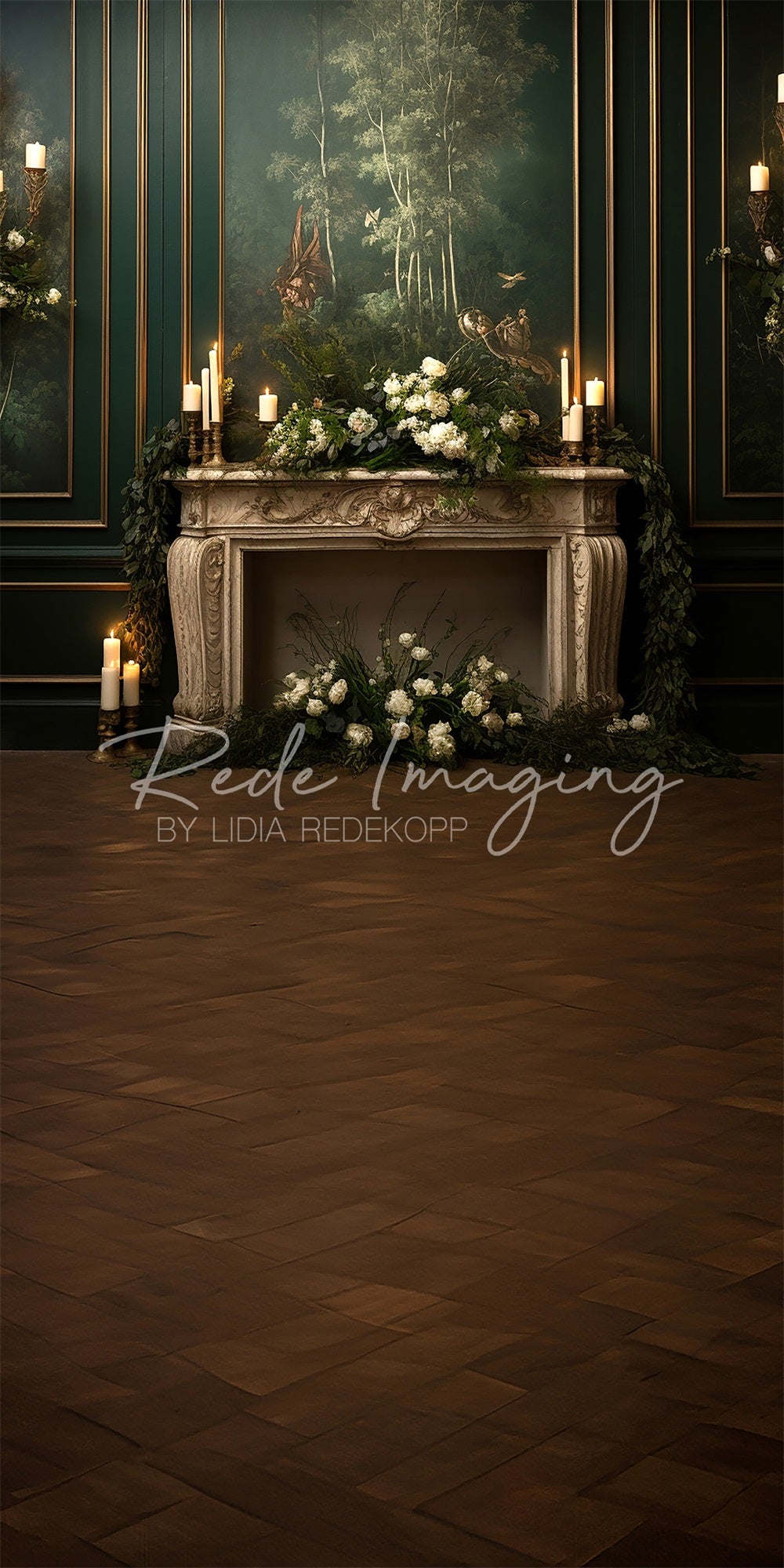 Kate Sweep Vintage Green Striped Wall White Floral Candle Fireplace Backdrop Designed by Lidia Redekopp