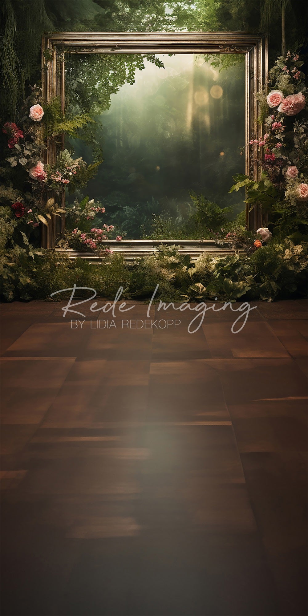 Kate Sweep Spring Green Forest Pink Rose Golden Frame Backdrop Designed by Lidia Redekopp