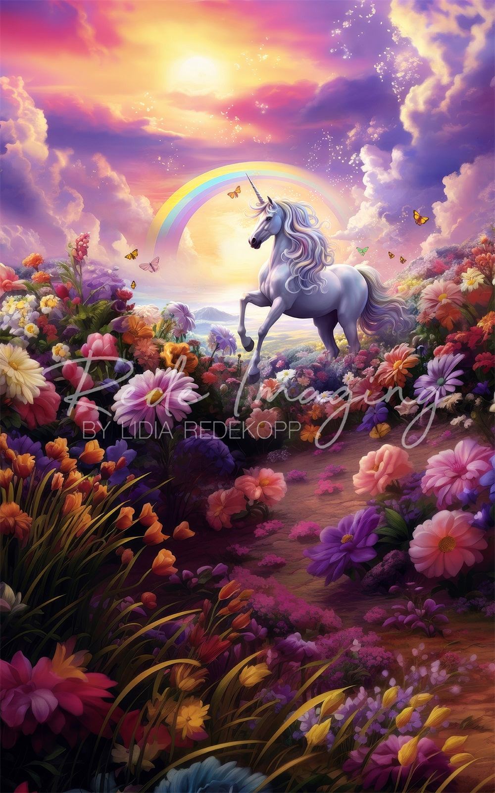 Kate Sweep Dreamy Cartoon Colorful Flower Rainbow White Unicorn Green Meadow Backdrop Designed by Lidia Redekopp