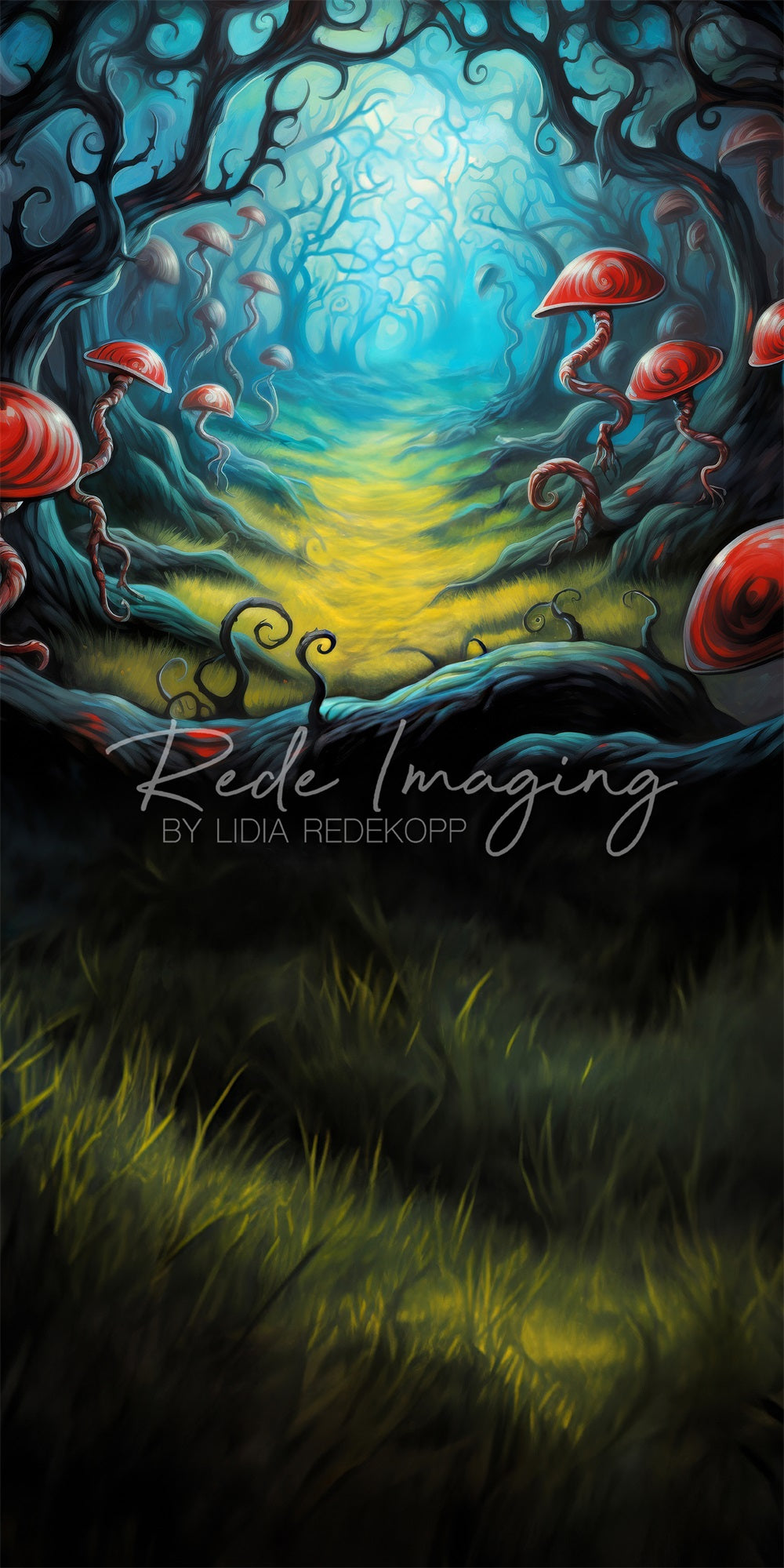 Kate Sweep Fantasy Dark Red Mushroom Light Green Meadow Forest Backdrop Designed by Lidia Redekopp