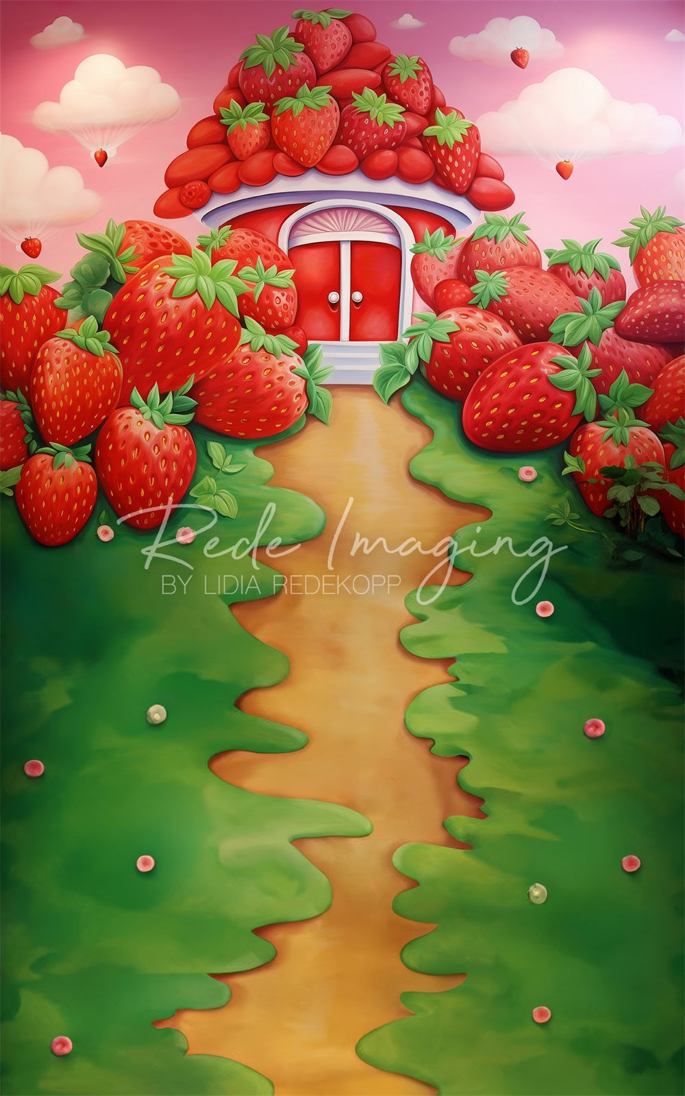 Kate Sweep Cartoon White Cloud Pink Sky Green Meadow Red Strawberry House Backdrop Designed by Lidia Redekopp