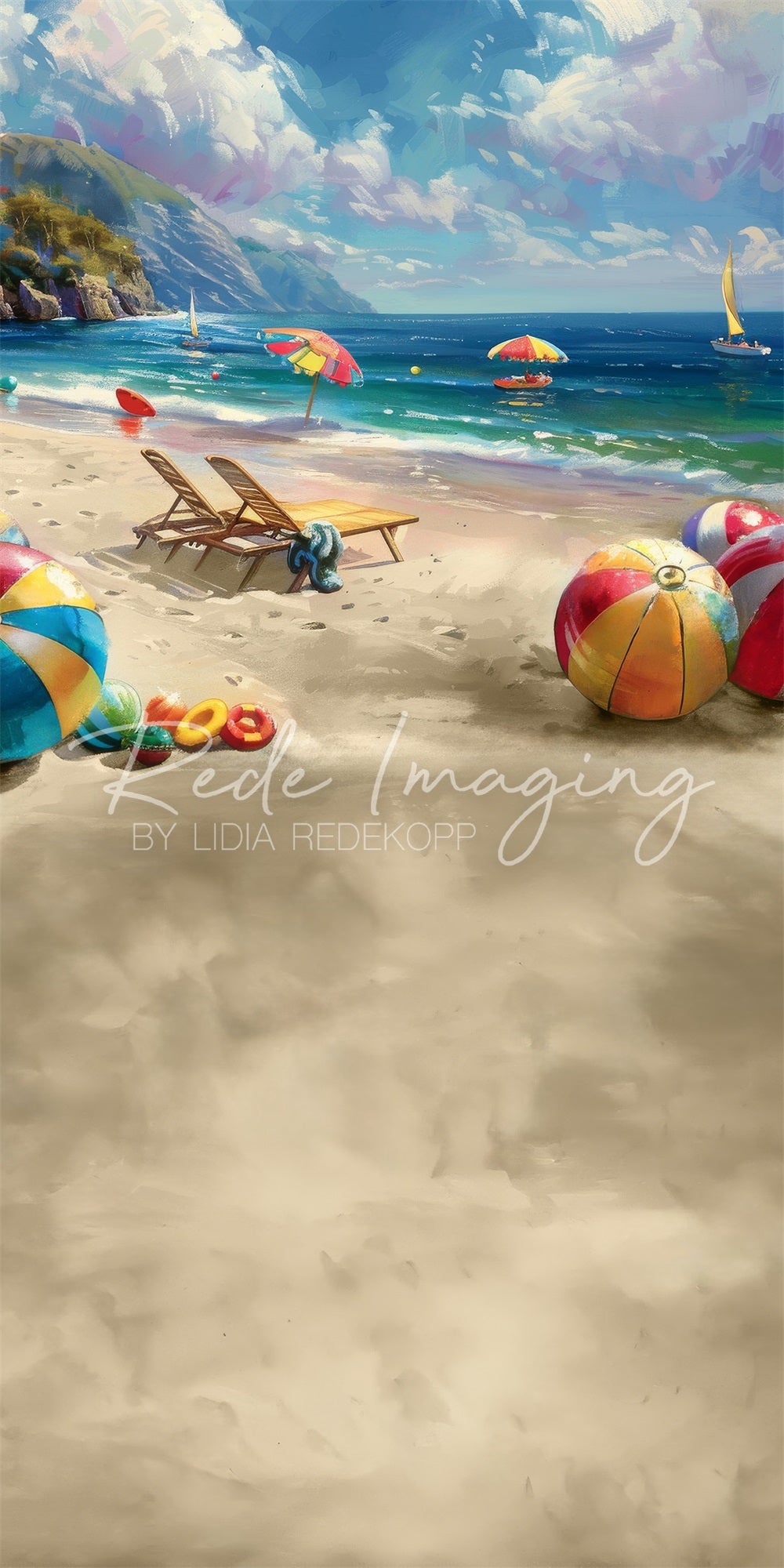 Kate Sweep Summer Watercolor Sea Beach Mountain Sailboat Parasol Colorful Ball Backdrop Designed by Lidia Redekopp