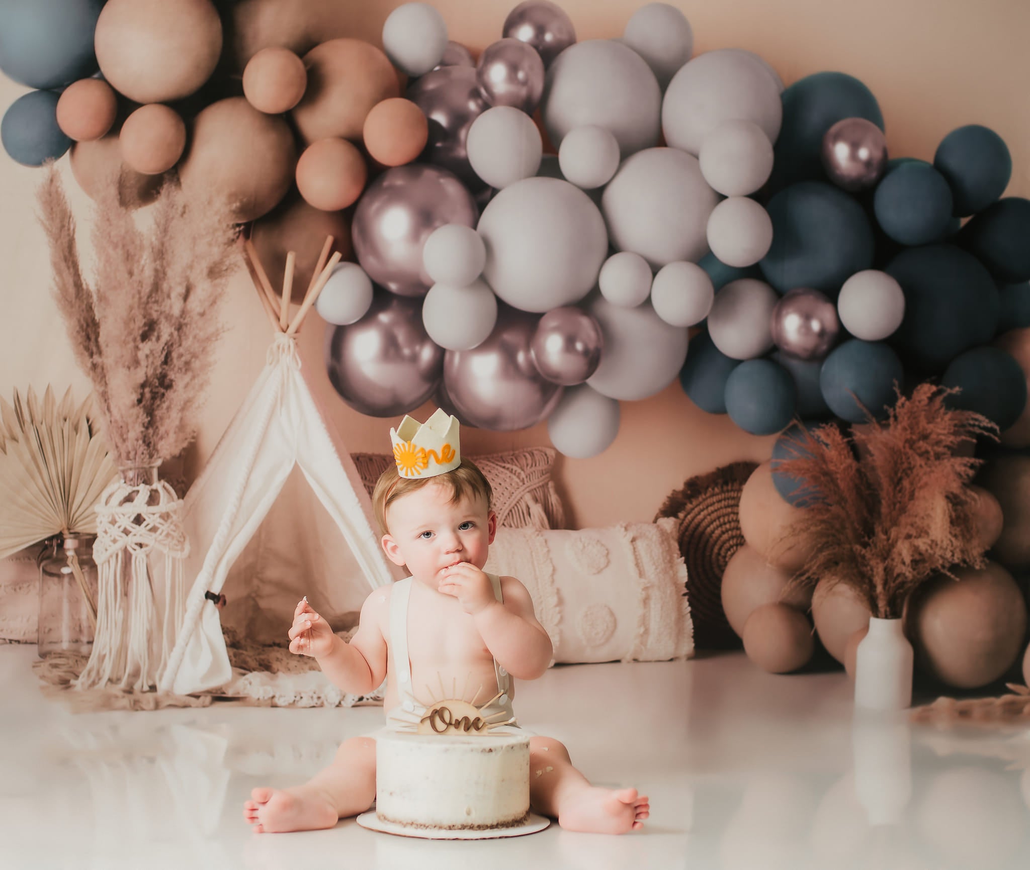 Kate Boho Balloons Tent Backdrop Matte Blue Designed by Mandy Ringe Photography
