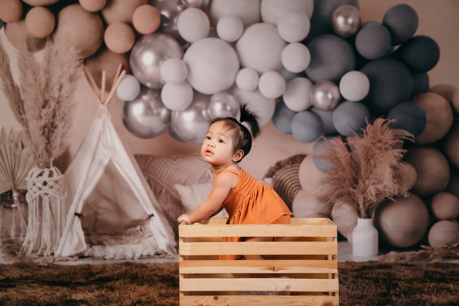 Kate Boho Balloons Tent Backdrop Matte Blue Designed by Mandy Ringe Photography