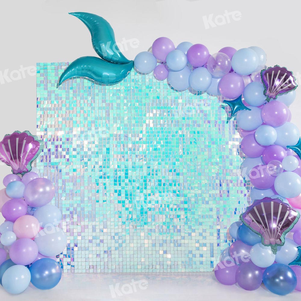 Kate Blue Green Mermaid Balloons Backdrop Printed Shiny Birthday Designed by Emetselch
