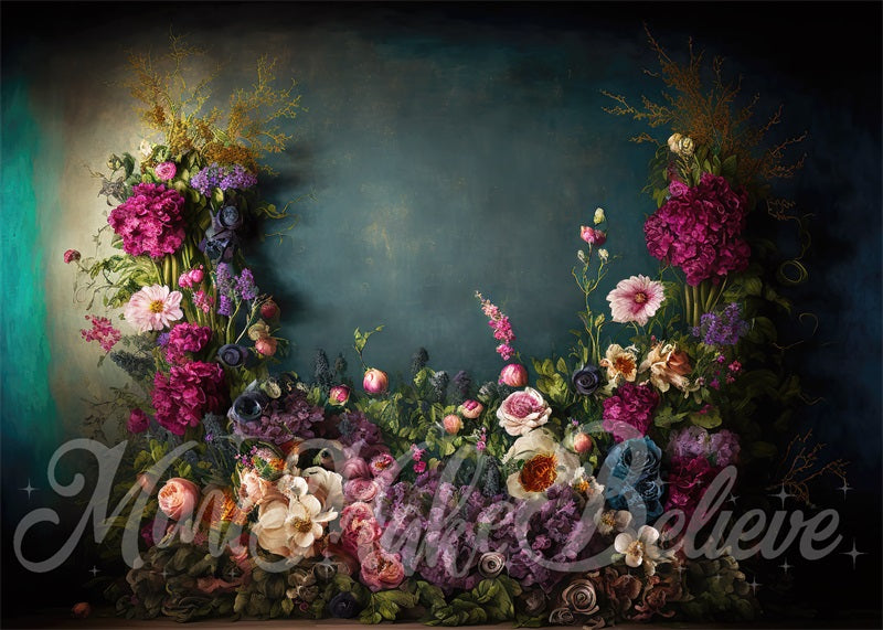 Kate Spring Fine Art Oil Painterly Floral Dark Teal Backdrop Designed by Mini MakeBelieve