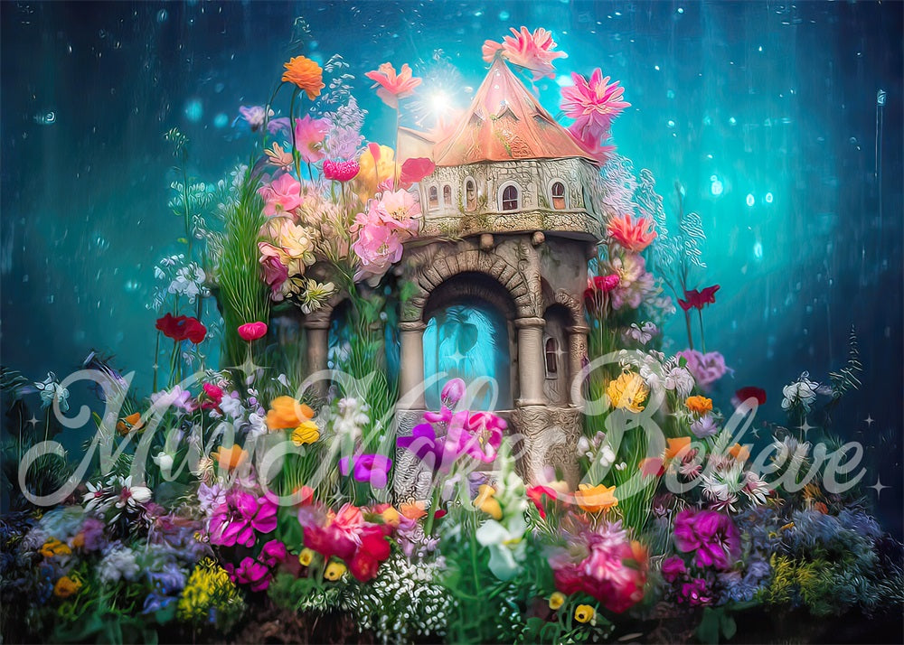 Kate Painterly Fine Art Underwater Enchanted Majestic Mermaid Castle with Floral Backdrop Designed by Mini MakeBelieve