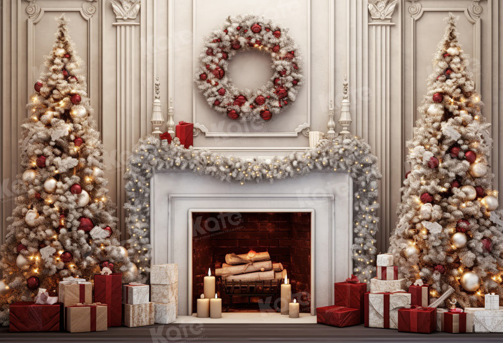 Kate Christmas Fireplace Garland Wreath Wall Backdrop for Photography