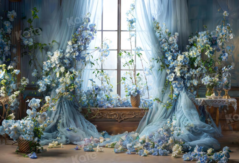 Kate Blue Floral Curtain Window Vintage Room Backdrop Designed by Emetselch