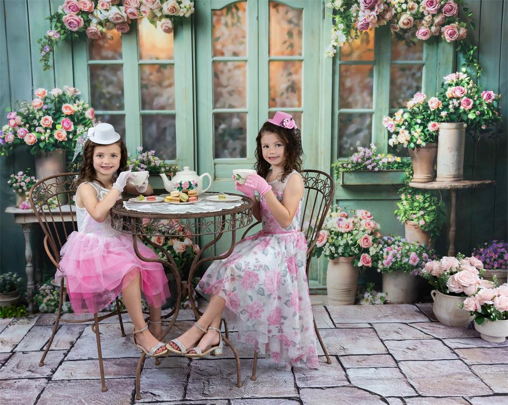 Kate Spring Flowers Green Wooden Door Backdrop Designed by Emetselch