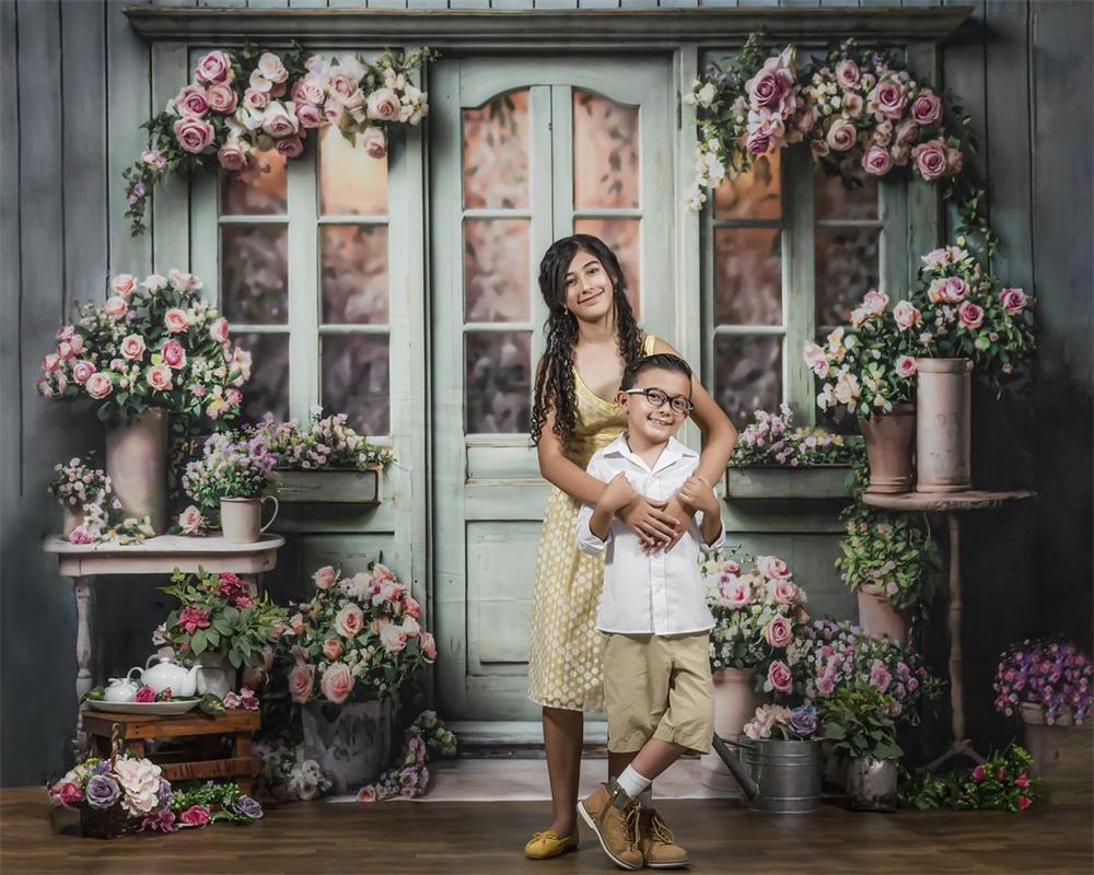 Kate Spring Flowers Green Wooden Door Backdrop Designed by Emetselch