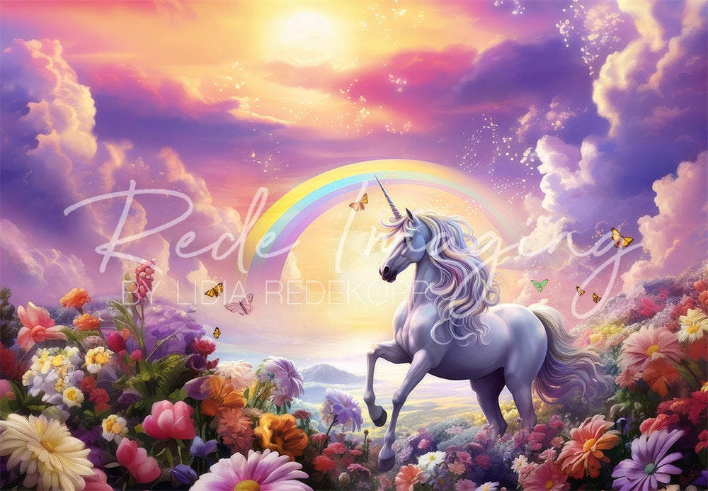 Kate Dreamy Cartoon Colorful Flower Rainbow White Unicorn Green Meadow Backdrop Designed by Lidia Redekopp