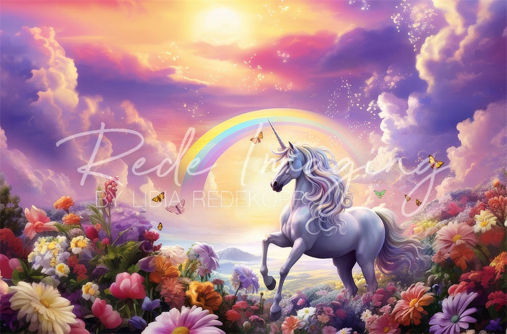 Kate Dreamy Cartoon Colorful Flower Rainbow White Unicorn Green Meadow Backdrop Designed by Lidia Redekopp