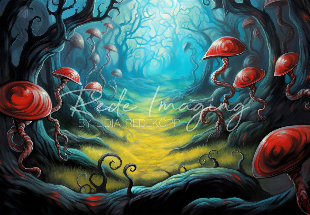 Kate Fantasy Dark Red Mushroom Light Green Meadow Forest Backdrop Designed by Lidia Redekopp