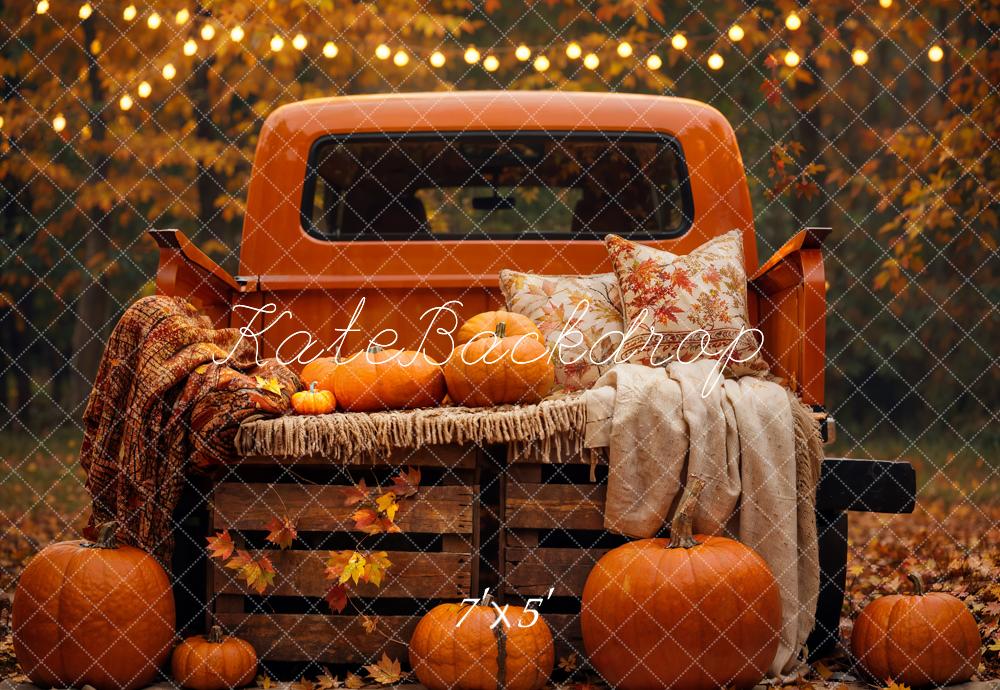 Kate Autumn Pumpkin Forest Maple Leaves Dark Truck Thanksgiving Festival Backdrop Designed by Emetselch