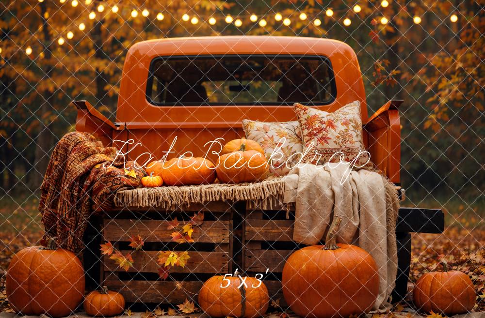 Kate Autumn Pumpkin Forest Maple Leaves Dark Truck Thanksgiving Festival Backdrop Designed by Emetselch