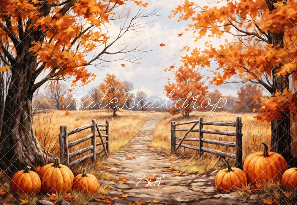 Kate Autumn Maple Leaves Forest Pumpkin Field Path Backdrop Designed by GQ