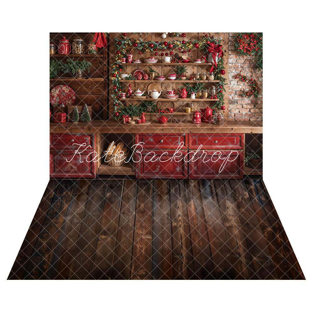 Kate Christmas Kitchen Green Wreath Backdrop +Brown Wood Floor Backdrop