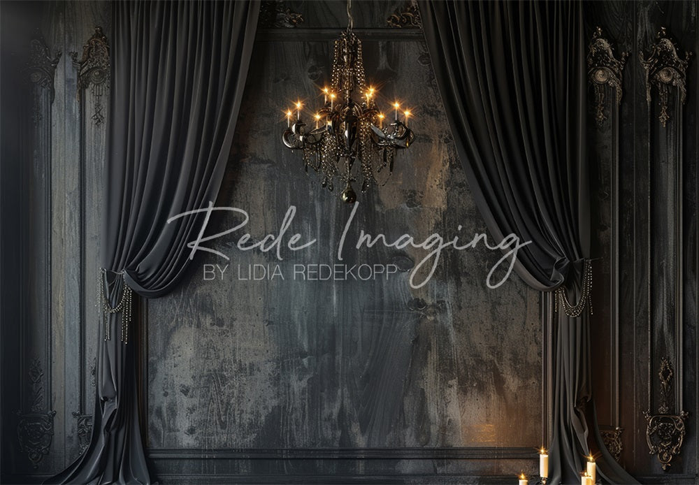 Kate Dark Vintage Black Elegant Curtain Chandelier Wall Backdrop Designed by Lidia Redekopp