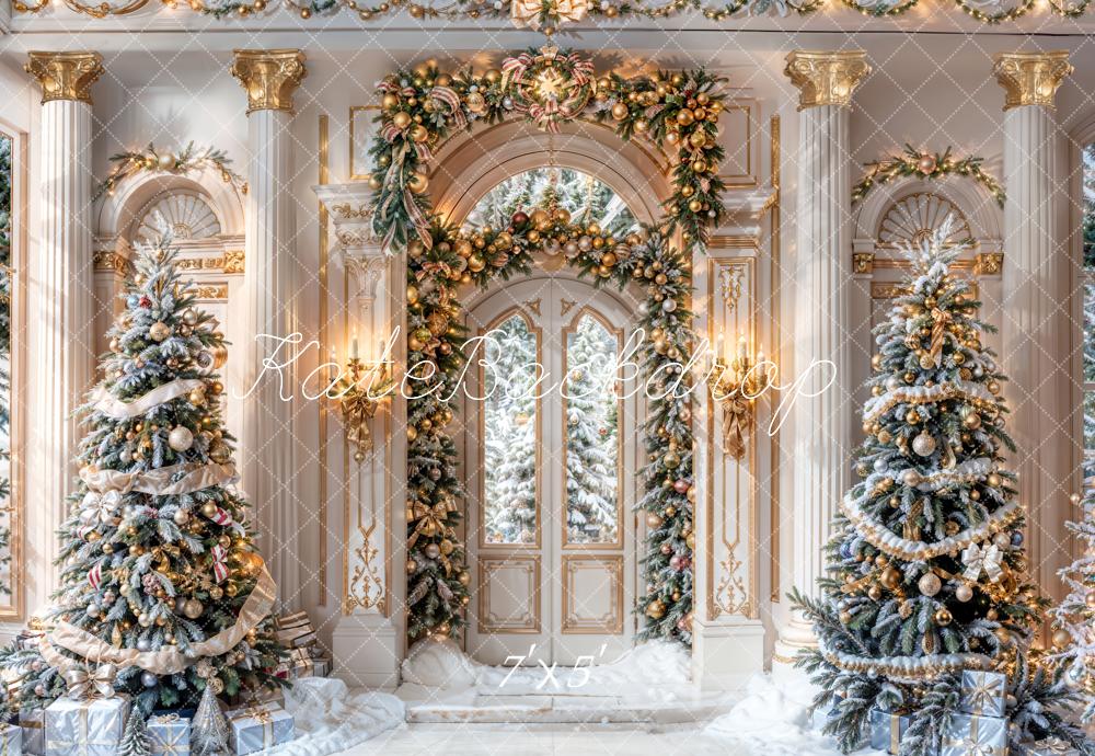 Kate Winter Christmas Tree Palace Arch Door Vintage Wall Backdrop Designed by Chain Photography