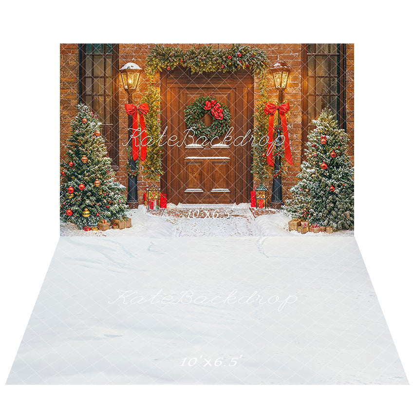 Kate Christmas Tree Doorway Bow Snowy Backdrop+White Snow Floor Backdrop