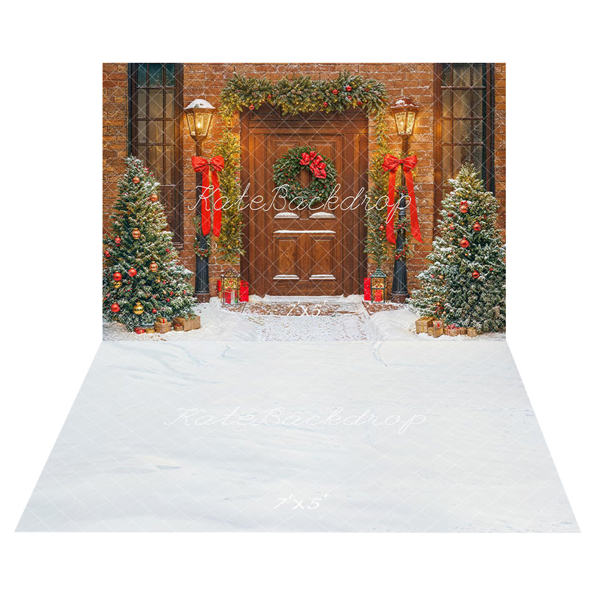 Kate Christmas Tree Doorway Bow Snowy Backdrop+White Snow Floor Backdrop