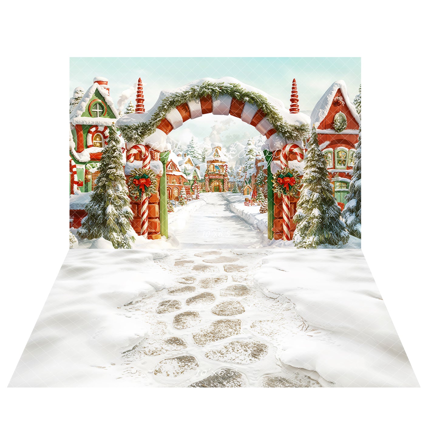 Kate Christmas Tree Candy Cane Village Snow Backdrop+Winter Snow Cobblestone Path Floor Backdrop