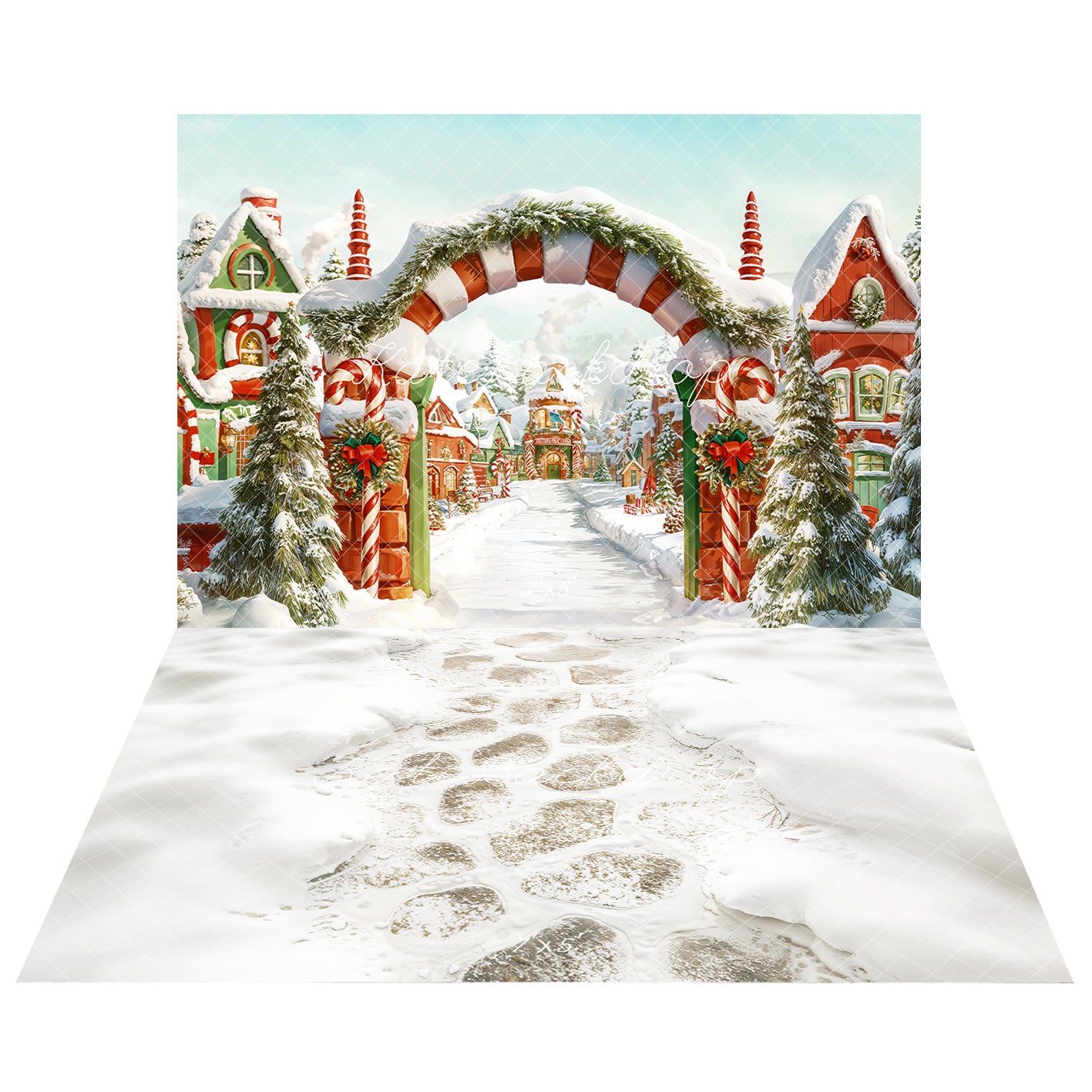 Kate Christmas Tree Candy Cane Village Snow Backdrop+Winter Snow Cobblestone Path Floor Backdrop
