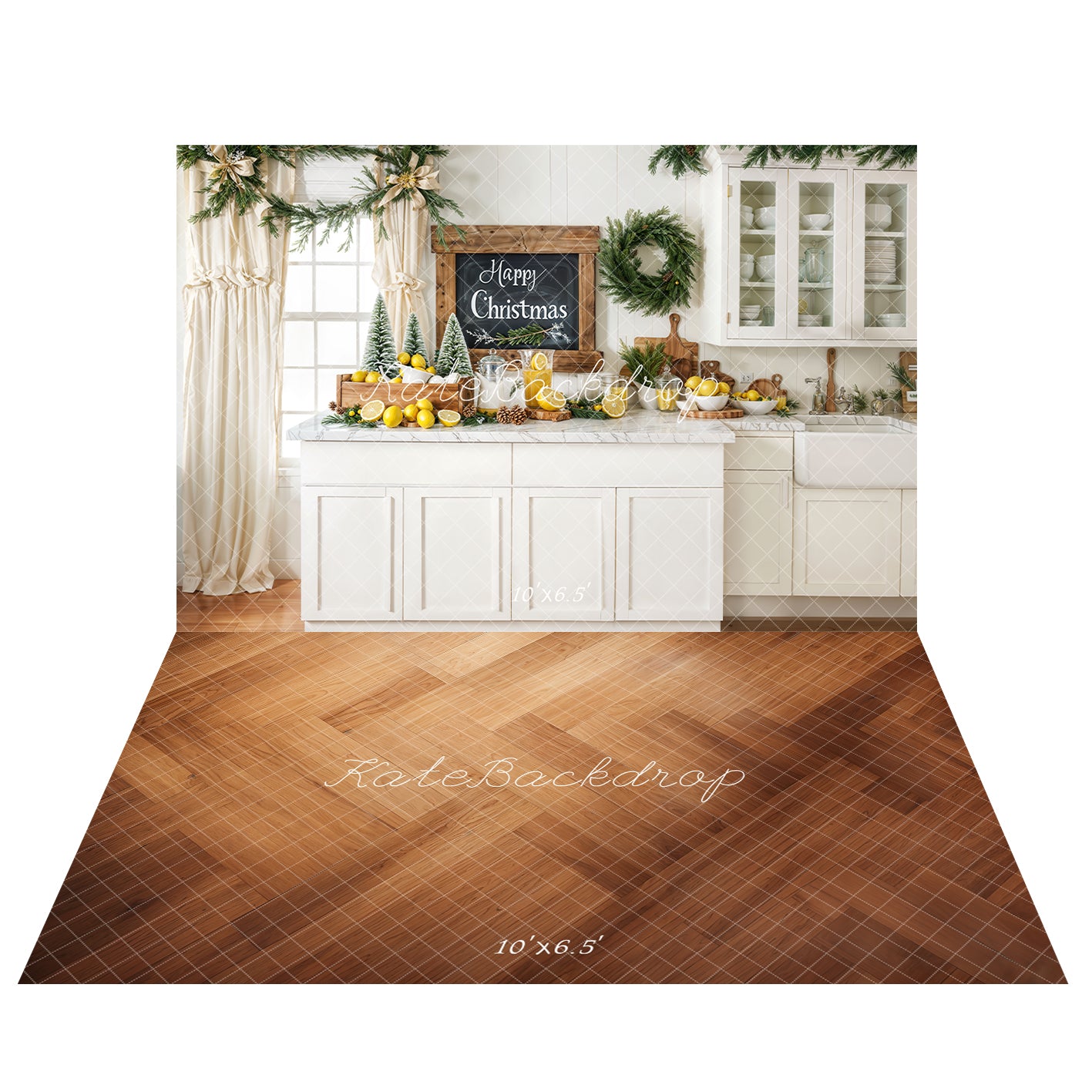 Kate Christmas White Kitchen Cabinets Lemons Backdrop+Wooden Texture Floor Backdrop