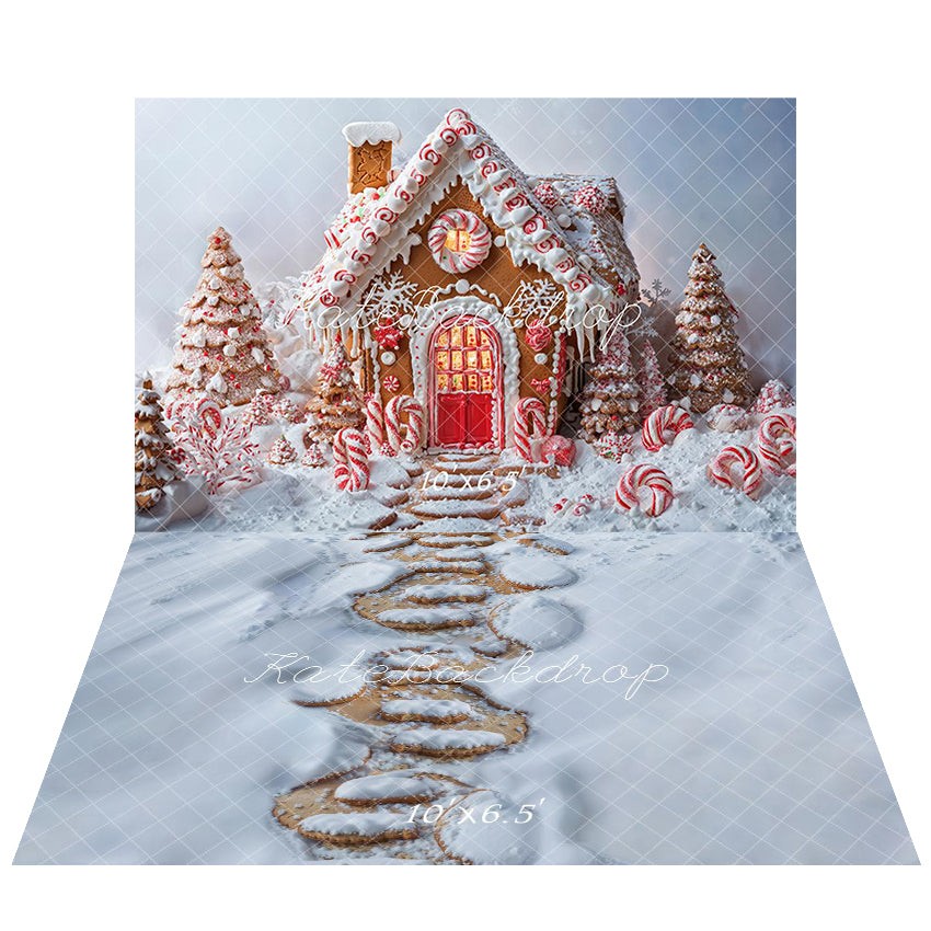 Kate Christmas Tree Gingerbread House Candy Cane Backdrop+Snowy Stepping Stone Path Floor Backdrop