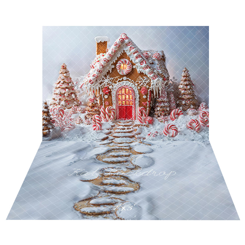 Kate Christmas Tree Gingerbread House Candy Cane Backdrop+Snowy Stepping Stone Path Floor Backdrop