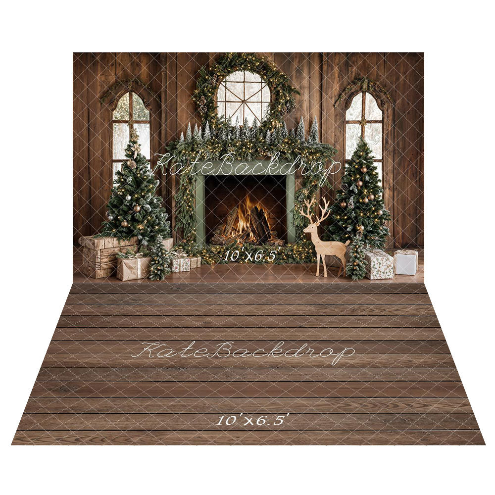 Kate Christmas Tree Wood Fireplace Wreath Deer Backdrop+Wood Brown Floor Backdrop